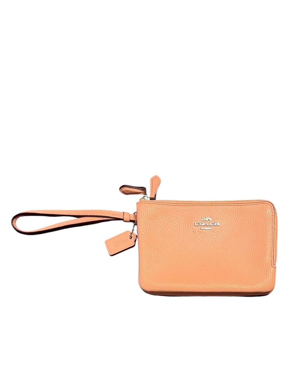 Coach Small Pebbled Leather Double Corner Zip Wristlet Peach Blush Pink